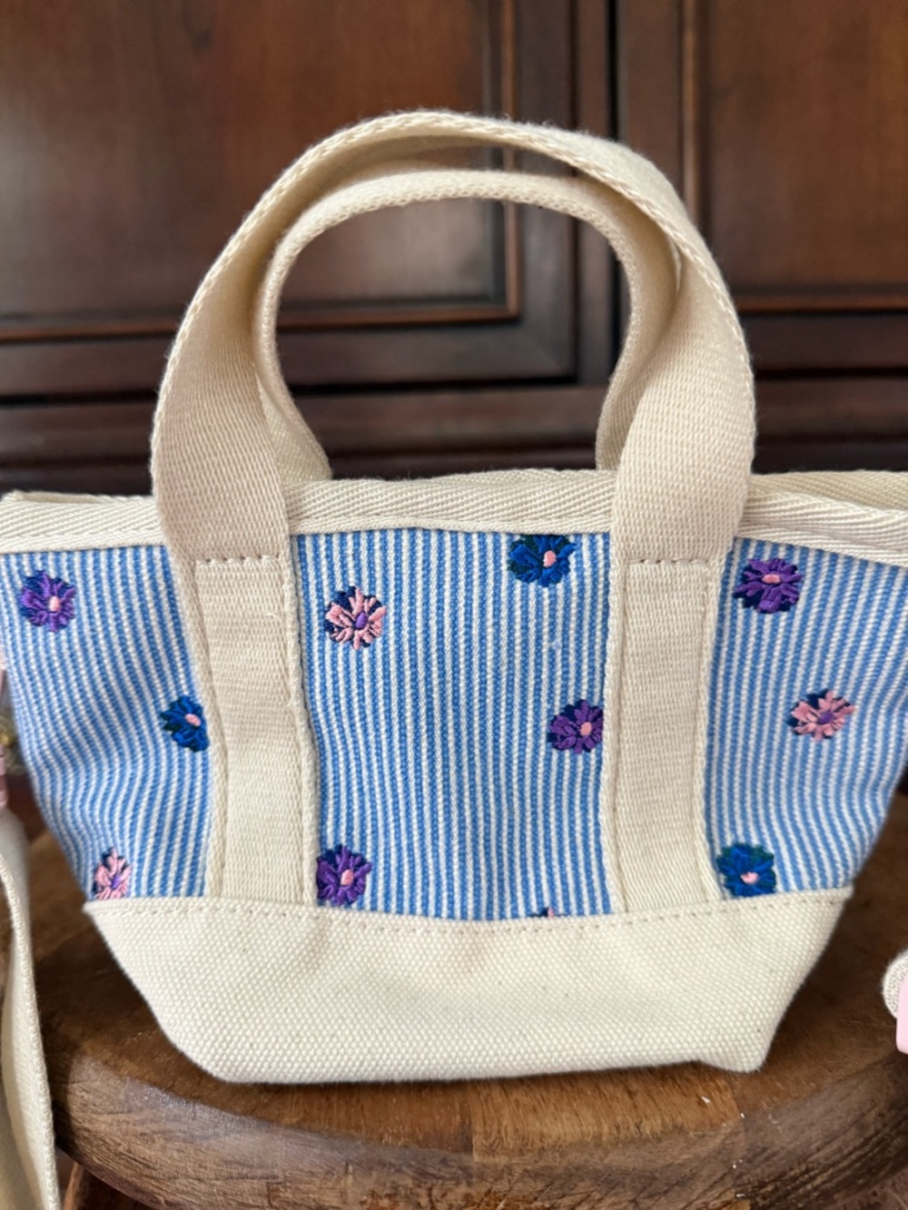 Girls Mini Canvas Tote Bag Blue Stripe Embroidered Floral Crossbody Purse
